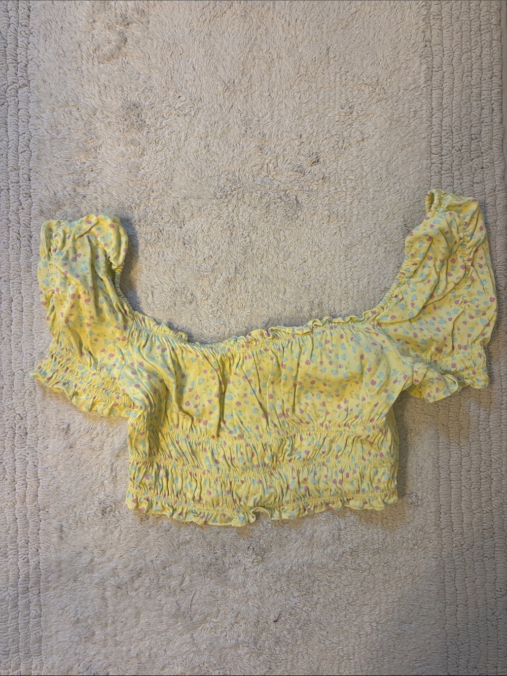 Zara Yellow Floral Smocked Off-Shoulder Crop Top
